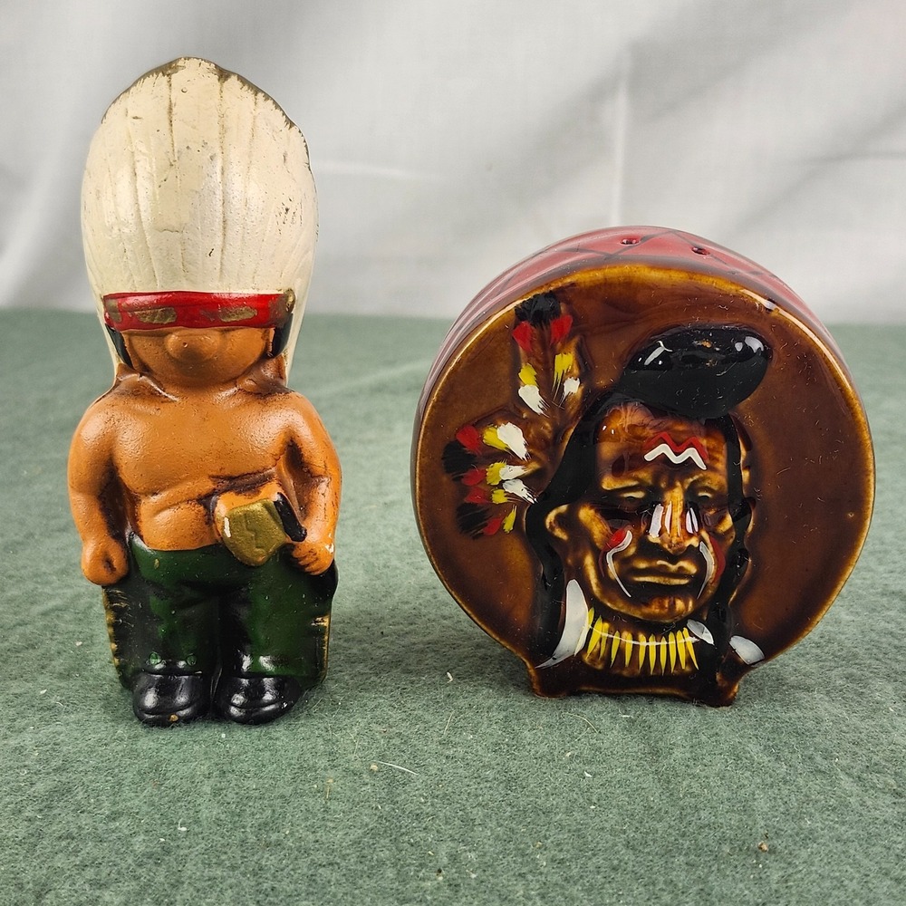 Vintage Salt & Pepper Shakers Indian Native American Chief‎ head Drum Mismatched